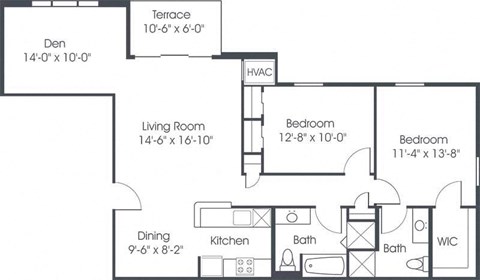 Floor plan for 2 beds, 2 baths, 1177 sqft